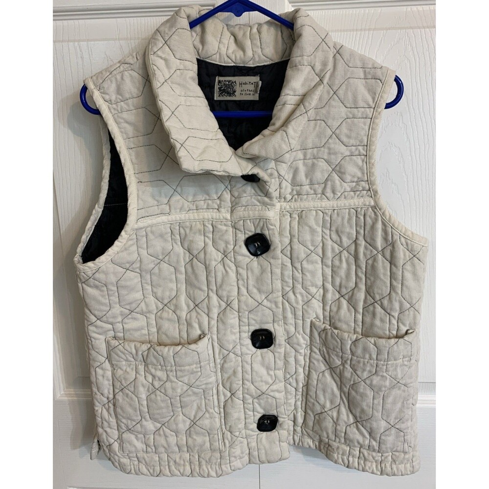 Habitat Quilted Corduroy Button Front Vest Womans L Cream Cotton Pockets